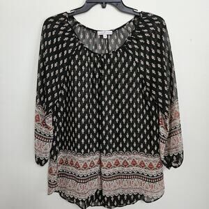 Moa Moa Sheer BOHO Peasant Top Blouse Long Sleeve Black Contrasting Border Sz M